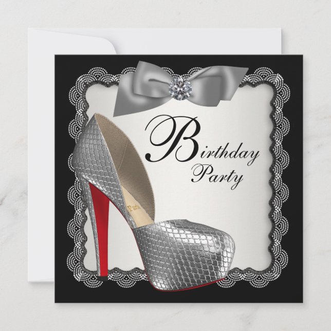 Black & Silver High Heel Shoe Birthday Party Invitation (Front)