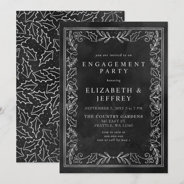 Black Silver Holly Christmas Engagement Party  Invitation (Front/Back)