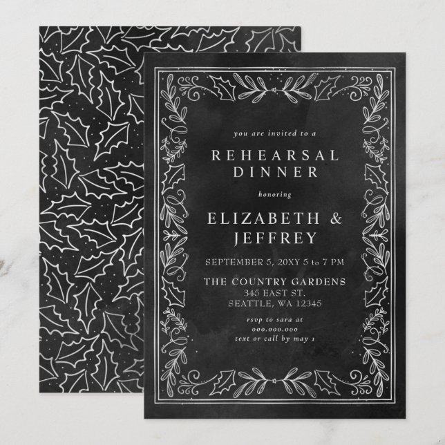 Black Silver Holly Christmas Rehearsal Dinner Invitation (Front/Back)