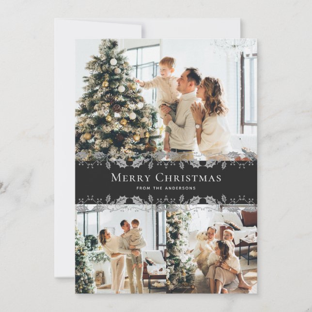 Black Silver Holly Elegant Photo Merry Christmas Holiday Card (Front)