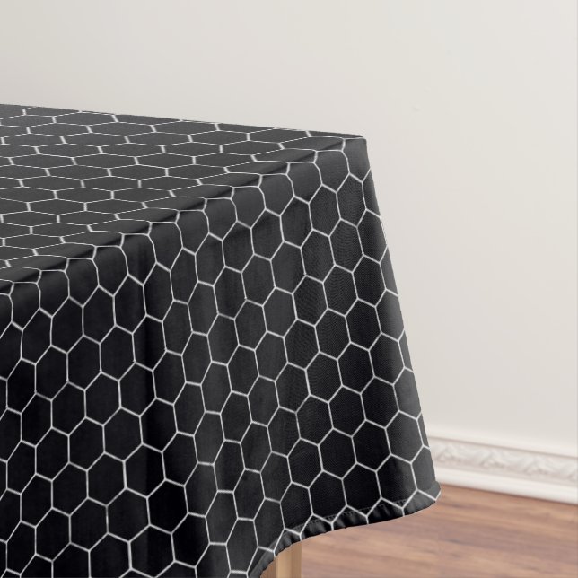 Black & Silver Honeycomb Elegant Geometric Pattern Tablecloth (In Situ)