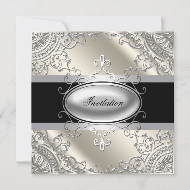Black Silver Ivory Black White Party Invitation (Front)