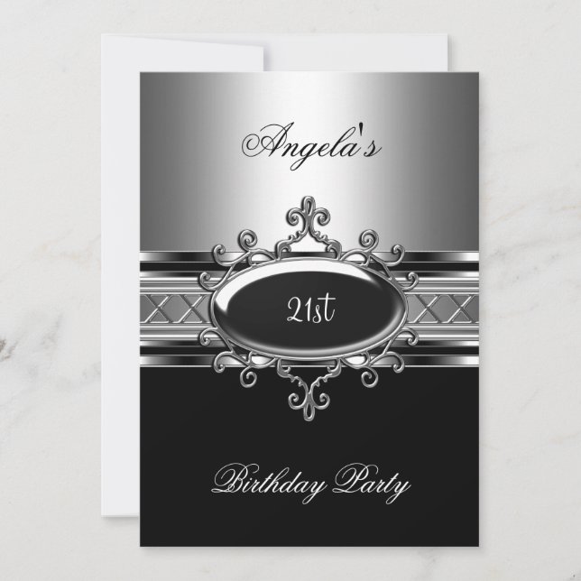 Black Silver Jewel 21st Elegant Birthday Party Invitation (Front)