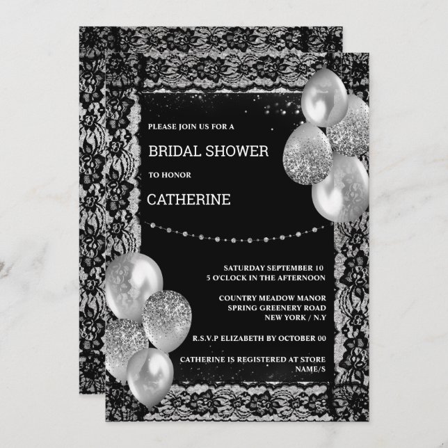 Black silver lace diamond shimmer chic balloon invitation (Front/Back)