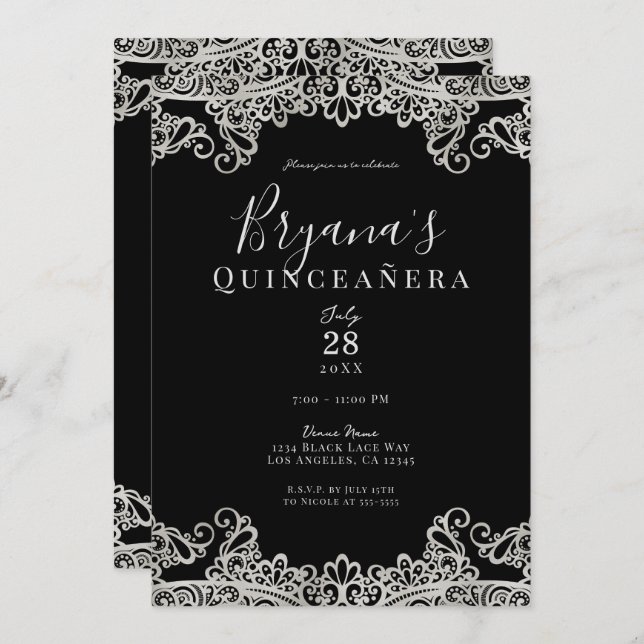 Black & Silver Lace Elegant Quinceañera Party  Invitation (Front/Back)