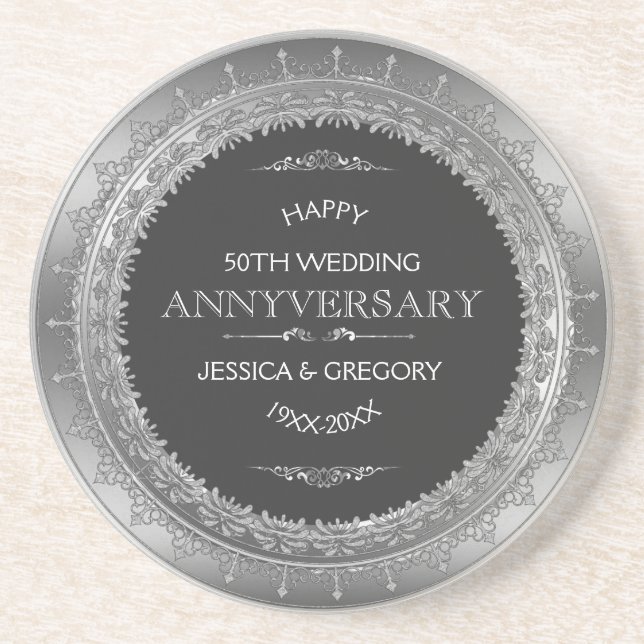 Black & Silver Lace Frame 25 Wedding Anniversary Coaster (Front)