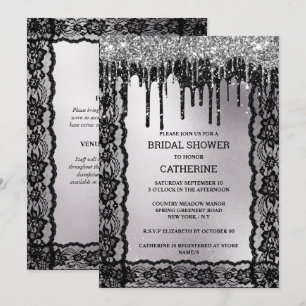 Black silver lace glitter dark moody luxurious  invitation