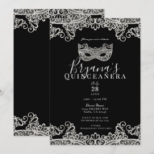 Black & Silver Lace Masquerade 15th Quinceañera  Invitation