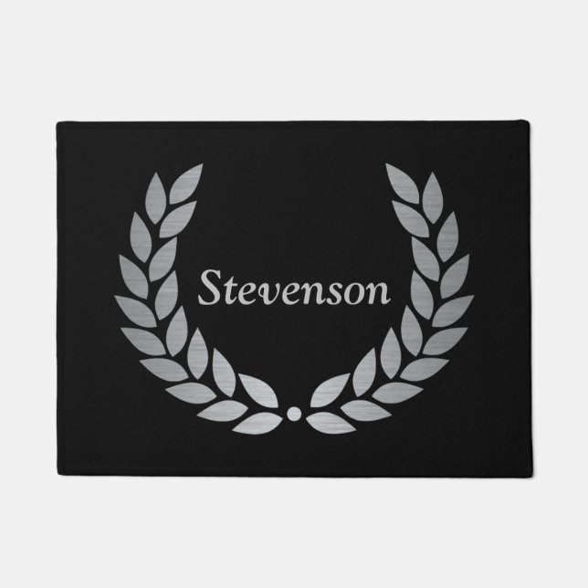 Black & Silver Laurel Monogram Door Mat (Front)