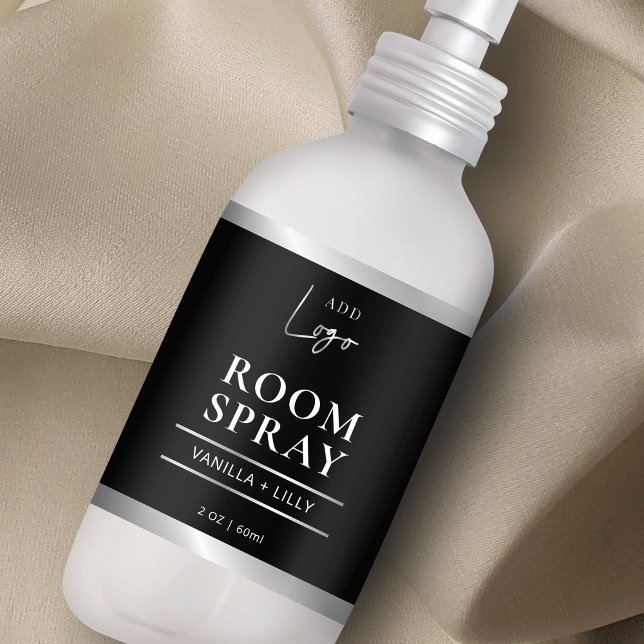 Black & Silver Logo Modern Room Spray Bottle Label (elegant black and silver spray bottle wraparound label with custom text and your brand logo)