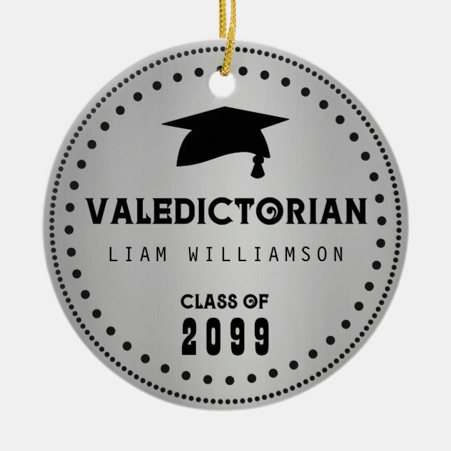 Black & Silver Masculine Valedictorian Graduation Ceramic Ornament (Front)