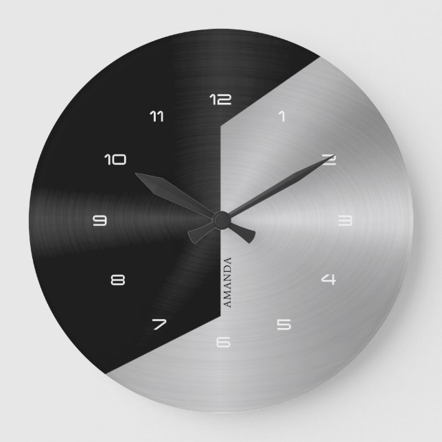 Black & Silver Modern Metallic Geometric design 2 Large Clock (Front)