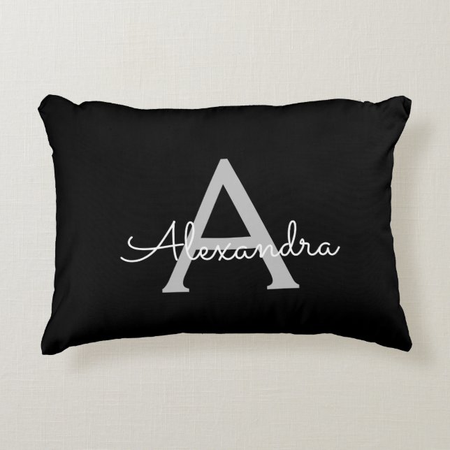 Black Silver Modern Script Girly Monogram Name Accent Pillow (Front)