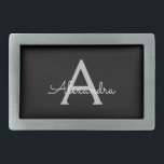Black Silver Modern Script Girly Monogram Name Belt Buckle<br><div class="desc">Black and Silver Simple Script Monogram Name Belt Buckle. This makes the perfect graduation,  sweet 16 16th,  18th,  21st,  30th,  40th,  50th,  60th,  70th,  80th,  90th,  100th birthday,  wedding,  bridal shower,  anniversary,  baby shower or bachelorette party gift for someone that loves glam luxury and chic styles.</div>