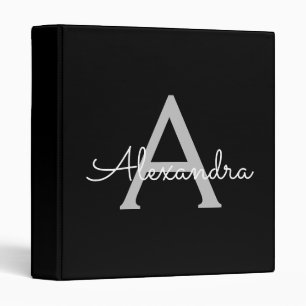 Black Silver Modern Script Girly Monogram Name Binder