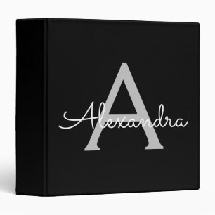 Black Silver Modern Script Girly Monogram Name Binder