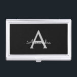 Black Silver Modern Script Girly Monogram Name Business Card Holder<br><div class="desc">Black and Silver Simple Script Monogram Name Business Card Holder. This makes the perfect sweet 16 birthday,  wedding,  bridal shower,  anniversary,  baby shower or bachelorette party gift for someone that loves glam luxury and chic styles.</div>