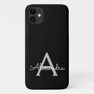 Black Silver Modern Script Girly Monogram Name iPhone 11 Case