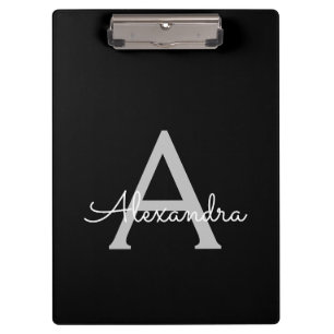 Black Silver Modern Script Girly Monogram Name Clipboard