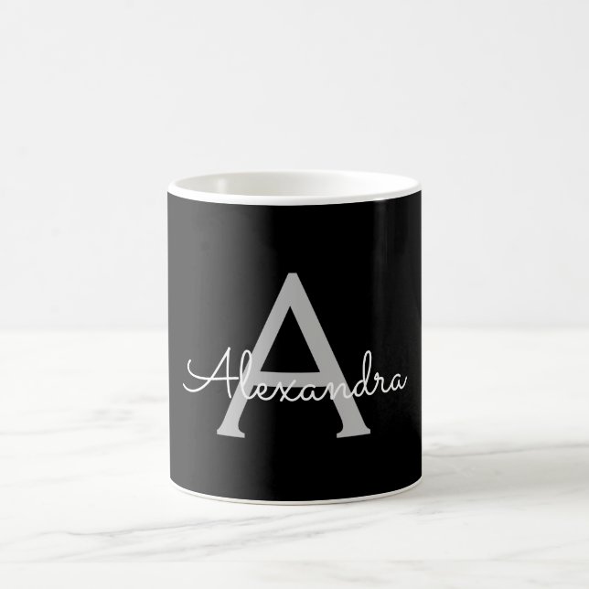 Black Silver Modern Script Girly Monogram Name Coffee Mug (Center)