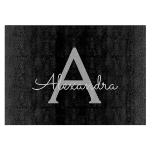 Black Silver Modern Script Girly Monogram Name Cutting Board