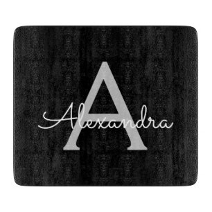 Black Silver Modern Script Girly Monogram Name Cutting Board