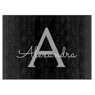 Black Silver Modern Script Girly Monogram Name Cutting Board
