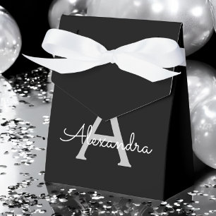 Black Silver Modern Script Girly Monogram Name Favor Box