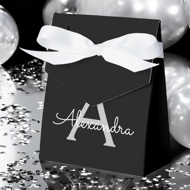 Black Silver Modern Script Girly Monogram Name Favor Box (Creator Uploaded)