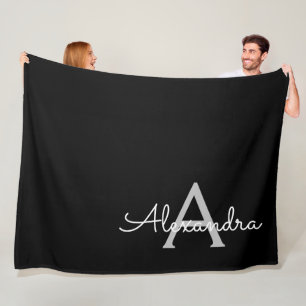 Black Silver Modern Script Girly Monogram Name Fleece Blanket
