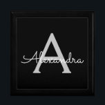 Black Silver Modern Script Girly Monogram Name Gift Box<br><div class="desc">Black and Silver Simple script Monogram Name Jewellery Keepsake Box. This makes the perfect graduation,  birthday,  wedding,  bridal shower,  anniversary,  baby shower or bachelorette party gift for someone that loves glam luxury and chic styles.</div>