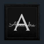 Black Silver Modern Script Girly Monogram Name Gift Box<br><div class="desc">Black and Silver Simple script Monogram Name Jewellery Keepsake Box. This makes the perfect graduation,  birthday,  wedding,  bridal shower,  anniversary,  baby shower or bachelorette party gift for someone that loves glam luxury and chic styles.</div>