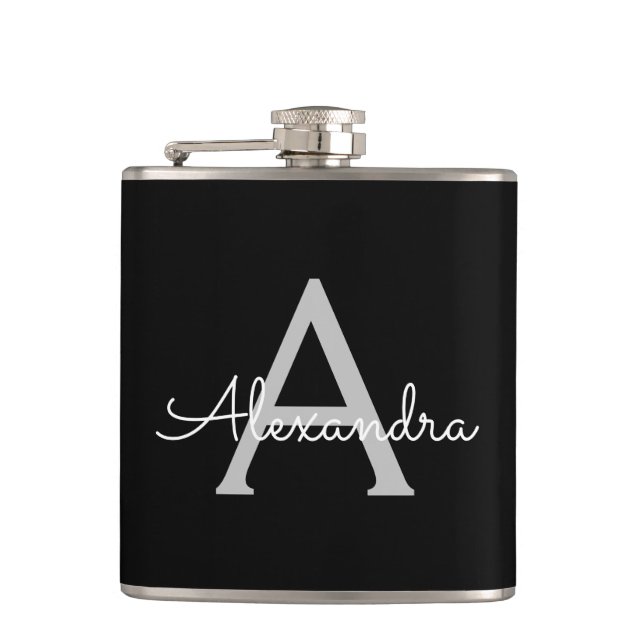 Black Silver Modern Script Girly Monogram Name Hip Flask (Front)