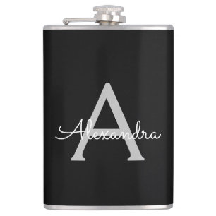 Black Silver Modern Script Girly Monogram Name Hip Flask