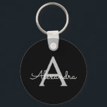 Black Silver Modern Script Girly Monogram Name Keychain<br><div class="desc">Black and Silver Simple Script Monogram Name Keychains (Key Chain). This makes the perfect sweet 16 birthday,  wedding,  bridal shower,  anniversary,  baby shower or bachelorette party gift for someone that loves glam luxury and chic styles.</div>