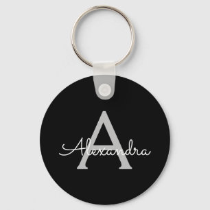 Black Silver Modern Script Girly Monogram Name Keychain