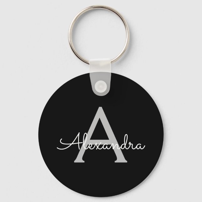 Black Silver Modern Script Girly Monogram Name Keychain (Front)