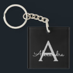 Black Silver Modern Script Girly Monogram Name Keychain<br><div class="desc">Black and Silver Simple Script Monogram Name Keychain. This makes the perfect sweet 16 birthday,  wedding,  bridal shower,  anniversary,  baby shower or bachelorette party gift for someone that loves glam luxury and chic styles.</div>