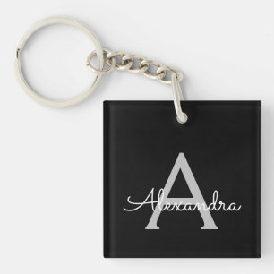 Black Silver Modern Script Girly Monogram Name Keychain