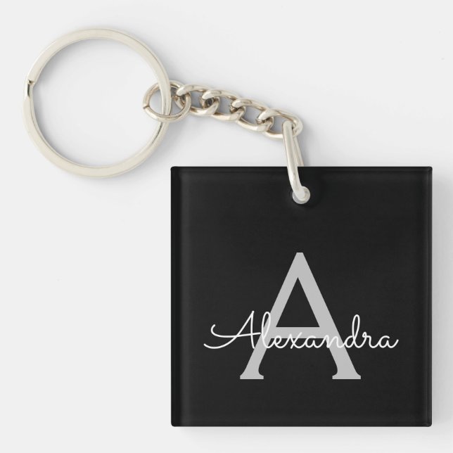 Black Silver Modern Script Girly Monogram Name Keychain (Front)
