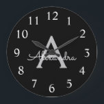 Black Silver Modern Script Girly Monogram Name Large Clock<br><div class="desc">Black and Silver Simple Script Monogram Name Clock. This makes the perfect sweet 16 birthday,  wedding,  bridal shower,  anniversary,  baby shower or bachelorette party gift for someone that loves glam luxury and chic styles.</div>