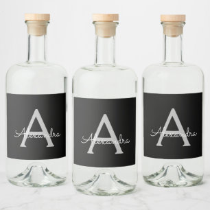 Black Silver Modern Script Girly Monogram Name Liquor Bottle Label