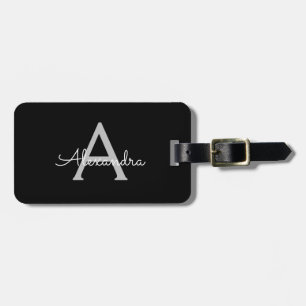 Black Silver Modern Script Girly Monogram Name Luggage Tag