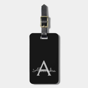 Black Silver Modern Script Girly Monogram Name Luggage Tag
