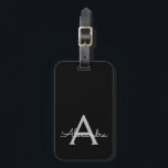 Black Silver Modern Script Girly Monogram Name Luggage Tag<br><div class="desc">Silver and Black Monogram Add Your Own Name Script Signature Pillow. The luggage bag tag makes the perfect sweet 16 birthday,  wedding,  bridal shower,  baby shower or bachelorette party gift for someone who loves a chic elegant and modern style.</div>