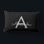 Black Silver Modern Script Girly Monogram Name Lumbar Pillow<br><div class="desc">Silver and Black Monogram Add Your Own Name Lumbar Pillow. This makes the perfect sweet 16 birthday,  wedding,  bridal shower,  anniversary,  baby shower or bachelorette party gift for someone that loves glam luxury and chic styles.</div>