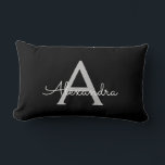 Black Silver Modern Script Girly Monogram Name Lumbar Pillow<br><div class="desc">Silver and Black Monogram Add Your Own Name Lumbar Pillow. This makes the perfect sweet 16 birthday,  wedding,  bridal shower,  anniversary,  baby shower or bachelorette party gift for someone that loves glam luxury and chic styles.</div>