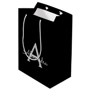 Black Silver Modern Script Girly Monogram Name Medium Gift Bag