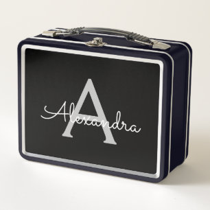 Black Silver Modern Script Girly Monogram Name Metal Lunch Box