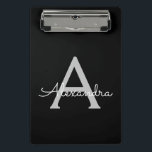 Black Silver Modern Script Girly Monogram Name Mini Clipboard<br><div class="desc">Black and Silver Name Planning Clipboard. This makes the perfect sweet 16 birthday,  wedding,  bridal shower,  anniversary,  baby shower or bachelorette party gift for someone that loves glam luxury and chic styles.</div>